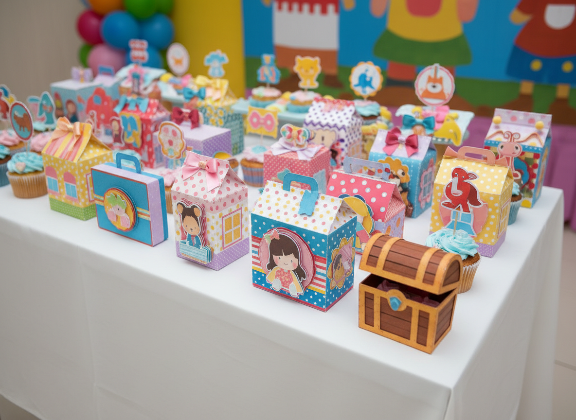 Uma mesa de festa infantil completamente decorada, vista de cima em perspectiva de três quartos, destacando diversas caixas personalizadas em formatos criativos: casinha, maleta, milk, pirâmide e baú. Cada caixa traz estampas coloridas com padrões de bolinhas, listras e personagens estilizados, apliques em relevo, recortes em 3D e pequenos laços. A mesa é branca, com toalha lisa, rodeada por docinhos e toppers sem figuras humanas. A luz é clara e uniforme, como de estúdio, destacando as cores vivas e gerando sombras suaves sob cada caixa. O fundo é levemente desfocado, com balões e um painel colorido sugeridos. O clima é alegre, dinâmico e divertido, com realismo fotográfico vibrante que enfatiza a variedade de formatos de caixas personalizadas.