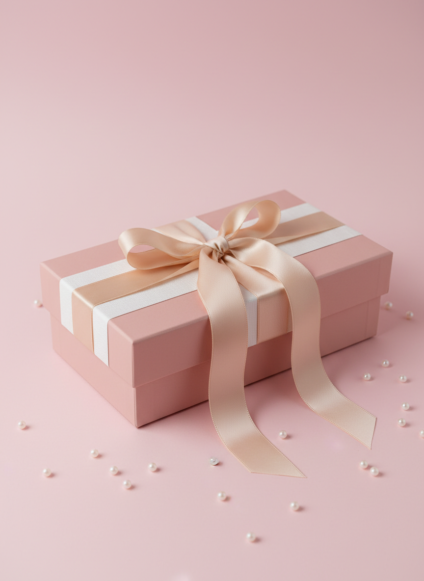 Uma única caixa cartonada de presente de luxo em close-up, com formato retangular alongado, papel cartão grosso em tom rosa blush fosco e tampa rígida perfeita. A caixa tem uma faixa central com textura de linho branco e um laço de cetim largo em tom champanhe, formado com caimento suave. Ela repousa sobre um fundo monocromático rosa claro, com pequenas pérolas decorativas espalhadas ao redor. A iluminação é suave e difusa, vinda de cima e ligeiramente à esquerda, criando sombras delicadas e ressaltando as texturas do papel e do laço. Enquadramento minimalista, centralizado, com profundidade de campo rasa e fundo totalmente desfocado. A atmosfera é delicada, romântica e elegante, em estilo fotográfico limpo e moderno, perfeito para comunicar presentes personalizados de alta qualidade.