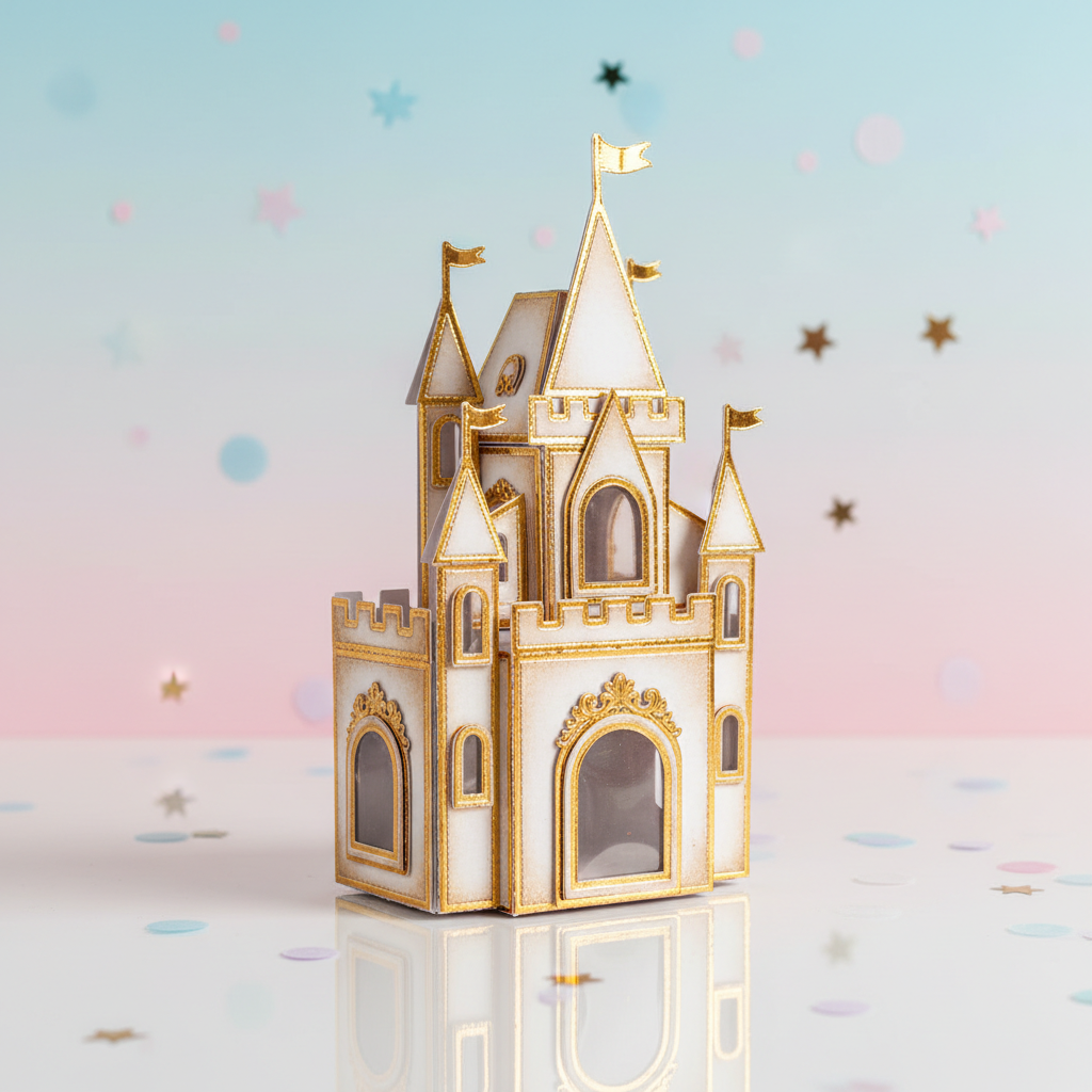 Uma caixa personalizada de festa infantil em destaque, em formato de castelo de papel cartão firme, com torres recortadas, janelas em acetato e detalhes dourados metalizados. A caixa está posicionada sozinha sobre uma superfície espelhada branca, refletindo seus detalhes. O fundo é um degradê suave em tons de azul e rosa, levemente desfocado, com confetes e estrelinhas de papel ao redor. A iluminação é de estúdio, suave e difusa, criando brilho delicado nas partes metalizadas e definindo as texturas do papel. Enquadramento em close-up, em nível dos olhos, com foco nítido em toda a caixa. A atmosfera é mágica, lúdica e sofisticada, com realismo fotográfico e cores vivas que remetem a festas infantis encantadas.