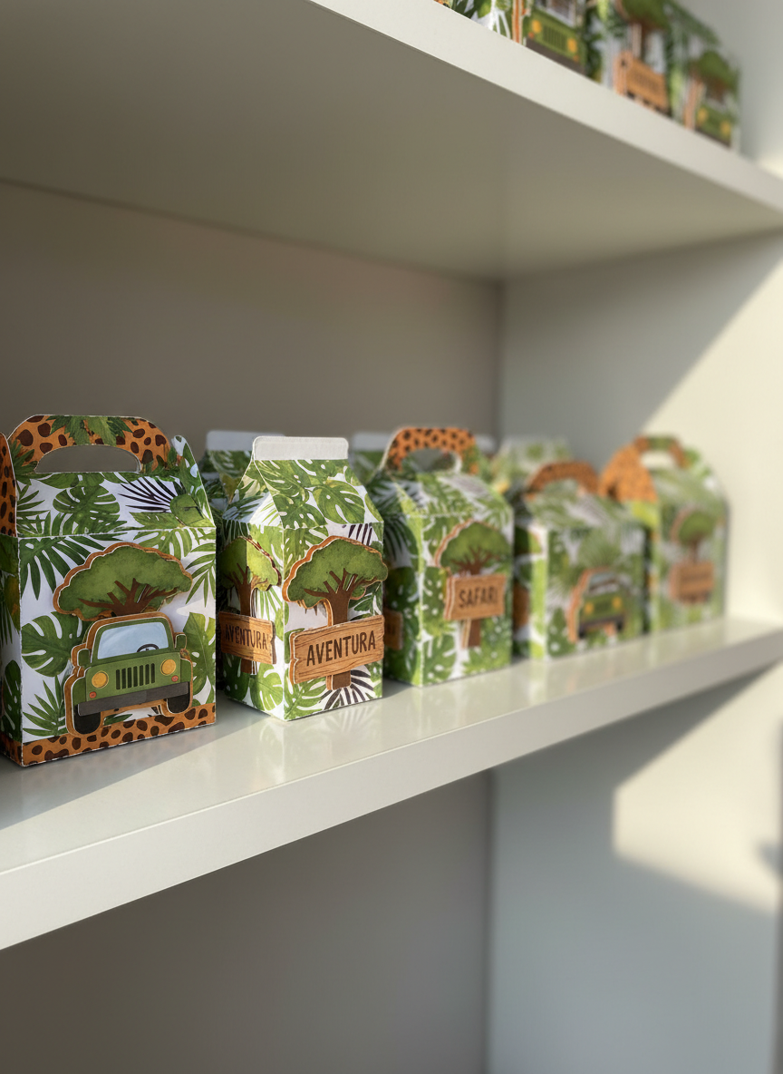 Uma linha de caixas personalizadas temáticas para festa infantil de safári dispostas em fileira, em uma prateleira branca brilhante. Há caixas em formato de maletinha, milk e baú, todas em papel cartão resistente, com estampas vibrantes de folhas tropicais, manchas de animal e tons de verde, laranja e marrom. Apliques em camadas criam efeito 3D de elementos como jeeps, árvores e placas, sem personagens humanos ou animais realistas. A iluminação é clara, como luz de manhã, entrando pela direita, destacando volumes e criando sombras suaves atrás de cada caixa. A câmera está ligeiramente abaixo do nível das caixas, criando sensação de destaque, com fundo desfocado em tons neutros. O clima é aventureiro, divertido e lúdico, em realismo fotográfico vibrante.