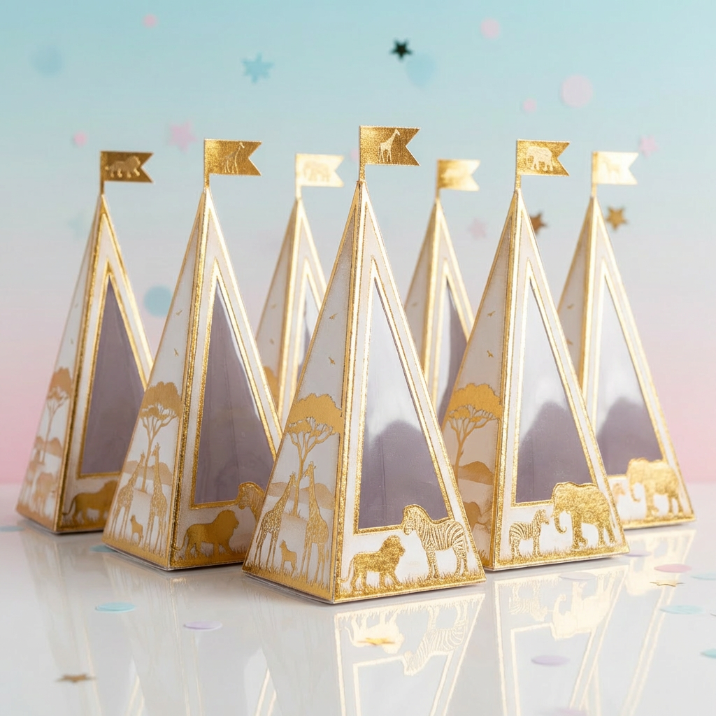 Gold foil safari themed pyramid gift boxes Seven white pyramid-shaped gift boxes featuring gold foil safari animals and decorative flags.
