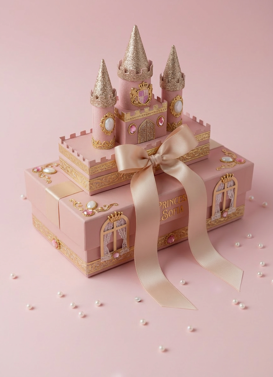 Ornate pink and gold princess castle favor Pink and gold two-tiered castle-shaped gift box with 'PRINCESA SOFIA' text and satin bow.